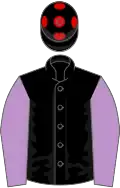 Black, mauve sleeves, black cap, red spots