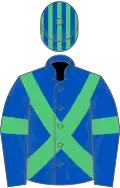 Royal blue, emerald green cross sashes and armlet, striped cap
