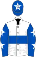 White, royal blue hoop, royal blue sleeves, white stars, royal blue cap, white star