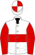 White, red hoop and sleeves, quartered cap