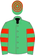 Emerald green, scarlet hooped sleeves and cap