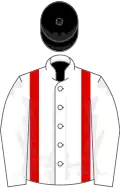White, red braces, black cap