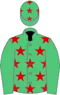 Emerald green, red stars, emerald green sleeves