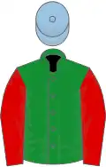 Green, red sleeves, light blue cap