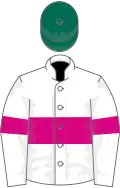 White, cerise hoop and armlets, dark green cap