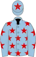 Light blue, red stars, light blue cap, red star