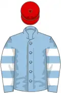 Light blue, white hooped sleeves, red cap