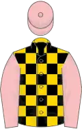 Gold and black check, pink sleeves and cap