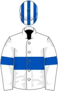 White, royal blue hoop and armlets, striped cap