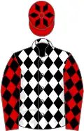Black and white diamonds, red sleeves, black diamonds and cap