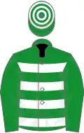 Green and white hoops, green sleeves, hooped cap