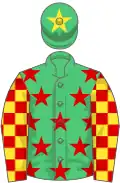 Emerald green, red stars, red and yellow check sleeves, emerald green cap, yellow star