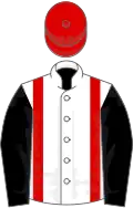 White, red braces, black sleeves, red cap
