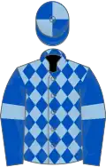 Light Blue and Royal Blue diamonds, Royal Blue sleeves, Light Blue armlets, quartered cap