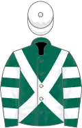 Dark green, white cross belts, hooped sleeves, white cap