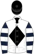 White, Black diamond, Dark Blue and White hooped sleeves, Black cap