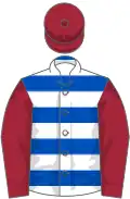 Royal blue, white hoops, maroon sleeves and cap