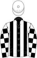 Black and white stripes, checked sleeves, white cap