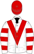 White, red chevron, hooped sleeves, red cap
