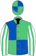 Emerald green and royal blue (quartered), white and emerald green striped sleeves