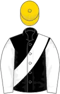 Black, white sash and sleeves, gold cap