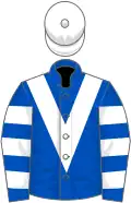 Royal blue, white chevron, hooped sleeves, white cap
