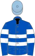 Royal blue, two white hoops, white armlets, light blue cap