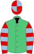Emerald green, red and light blue hooped sleeves, quartered cap