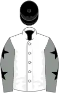 White, grey sleeves, black stars, black cap