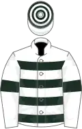 White and dark green hoops, white sleeves, dark green armlets, hooped cap