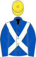 Royal blue, white cross belts, yellow cap