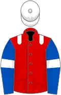 Red, white epaulets, royal blue sleeves, white armlets, white cap