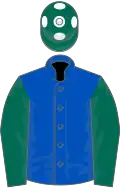 Royal blue, dark green sleeves, dark green cap, white spots