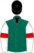 Dark green, white sleeves, red armlets, black cap