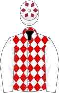 White and red diamonds, white sleeves, white cap, maroon diamonds