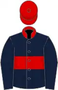 Dark blue, red hoop and collar, red cap