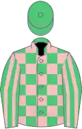 Emerald Green and Pink check, striped sleeves, Emerald Green cap
