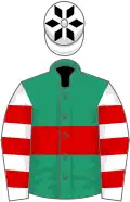 Emerald green, red hoop, white and red hooped sleeves, white cap, black diamonds