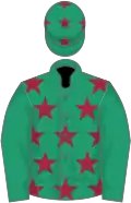Emerald green, maroon stars, emerald green sleeves