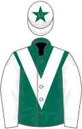 Dark green, white chevron and sleeves, white cap, green star