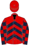 Red, dark blue chevrons, dark blue and red check sleeves, red cap