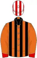 Orange, black stripes on body, red cuffs, red and white striped cap