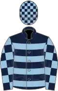 Dark blue, light blue hoops, checked sleeves and checked cap
