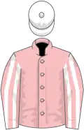 Pink, white striped sleeves, white cap