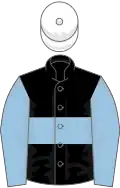 Black, light blue hoop and sleeves, white cap