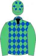 Emerald green and royal blue diamonds, emerald green sleeves, emerald green cap, blue diamonds