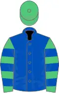 Royal blue, emerald green and royal blue hooped sleeves, emerald green cap