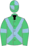 Emerald Green, Light Blue cross belts and armlets, quartered cap