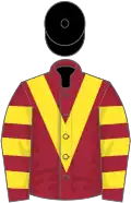 Maroon, yellow chevron, hooped sleeves, black cap