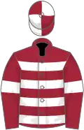 Maroon, white hoops and armlets, quartered cap